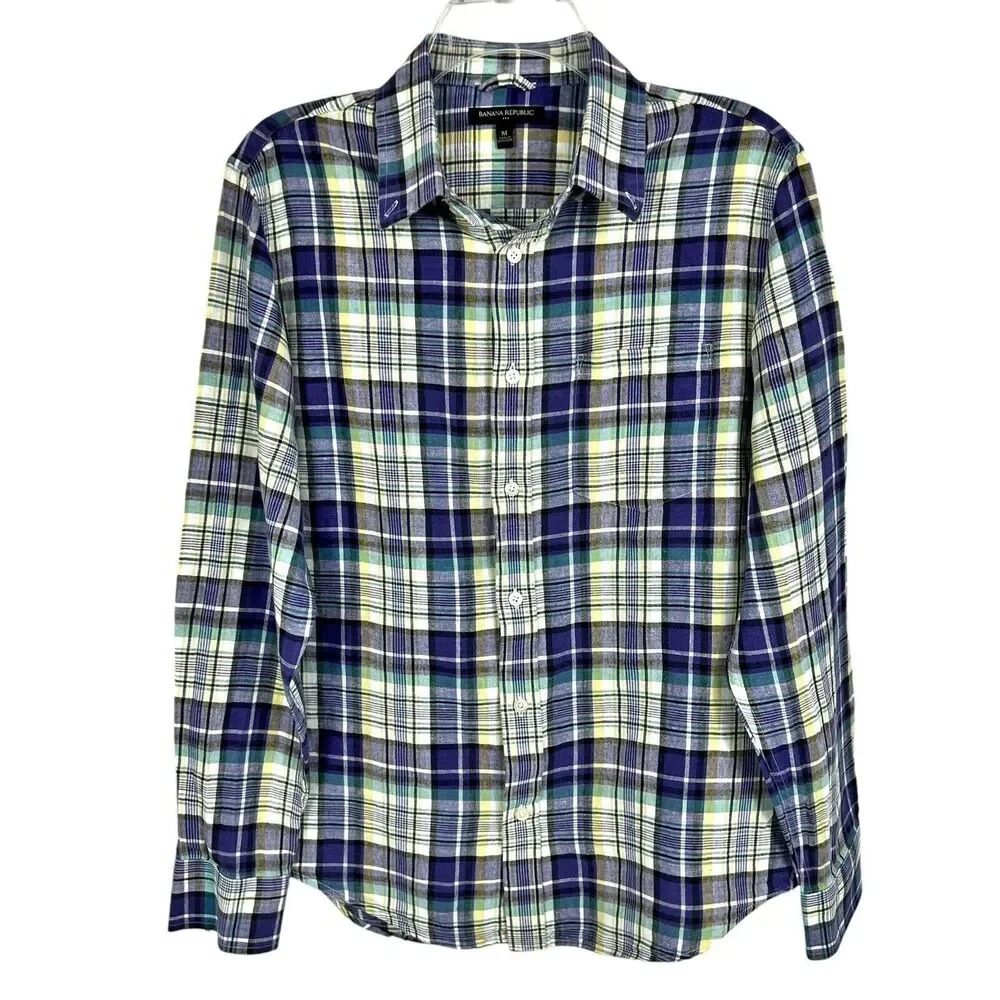 Banana Republic Purple Plaid Linen Blend Long Sleeve Button Shirt Men’s Medium